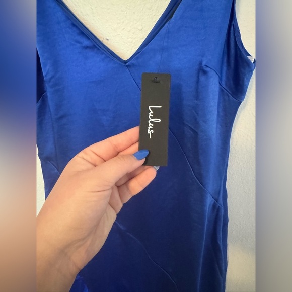 NEW Lulus Instinct Cobalt Asymmetrical Slip Midi Dress Blue Satin Small NWT - Picture 6 of 9